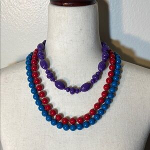 Set of 3 Vintage 80s Colorful Beaded Necklaces Purple Red Blue Chunky Layer